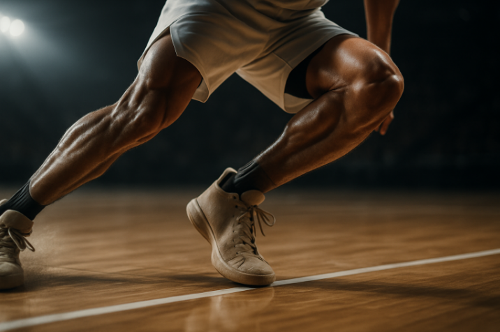 Close-up of a basketball player's powerful stance on court
