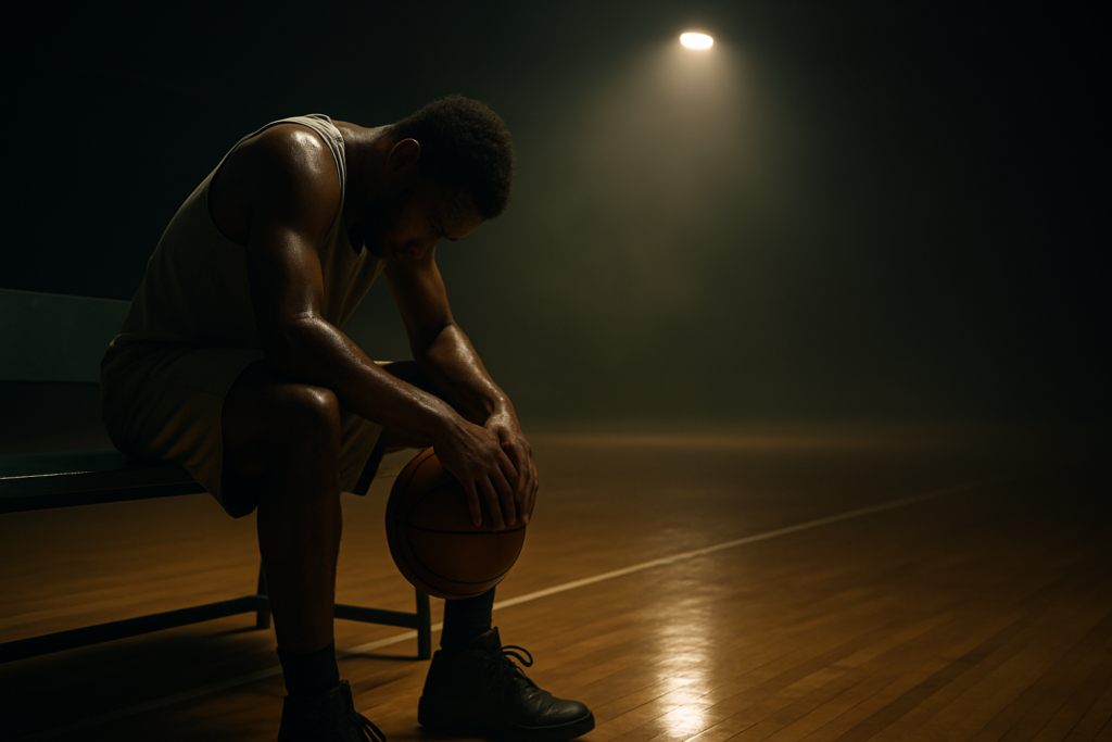 Basketball player sitting on bench holding ball under spotlight