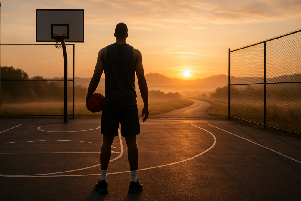 Silhouette of a focused basketball player standing on an outdoor court at sunrise