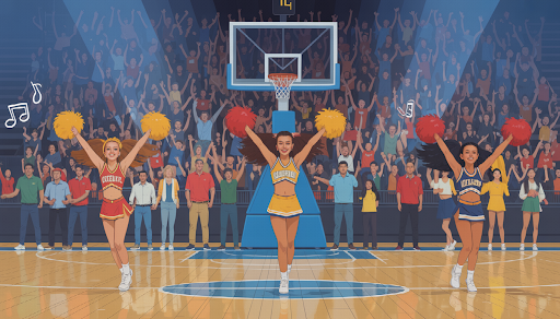 The image captures a high-energy basketball game atmosphere with vibrant cheerleaders in colorful uniforms performing in sync on a lively court, surrounded by enthusiastic fans and subtle musical notes.