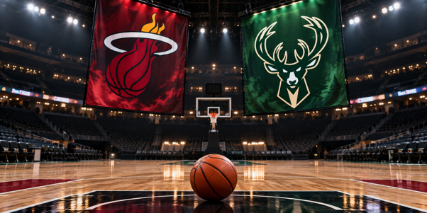 A basketball arena with two team banners above the court